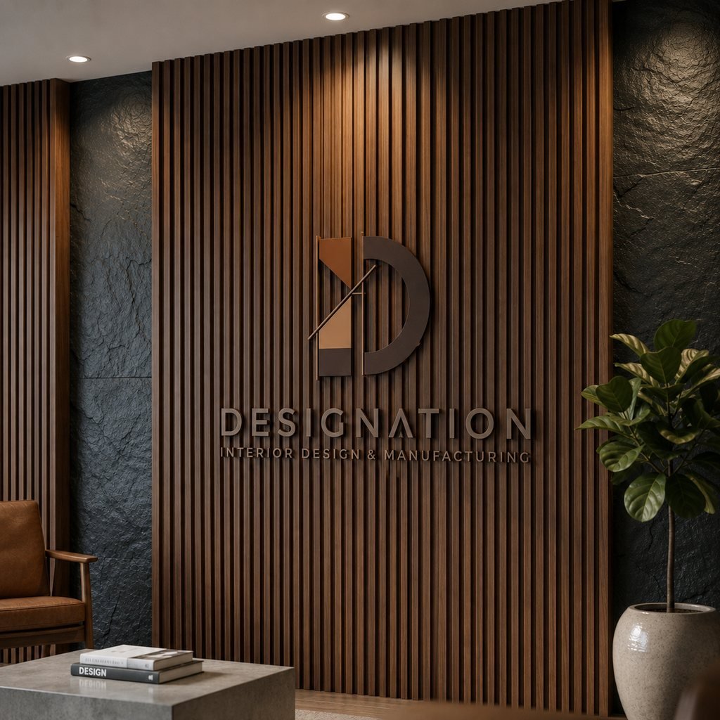 Designation brand identity on a bespoke wood interior installation