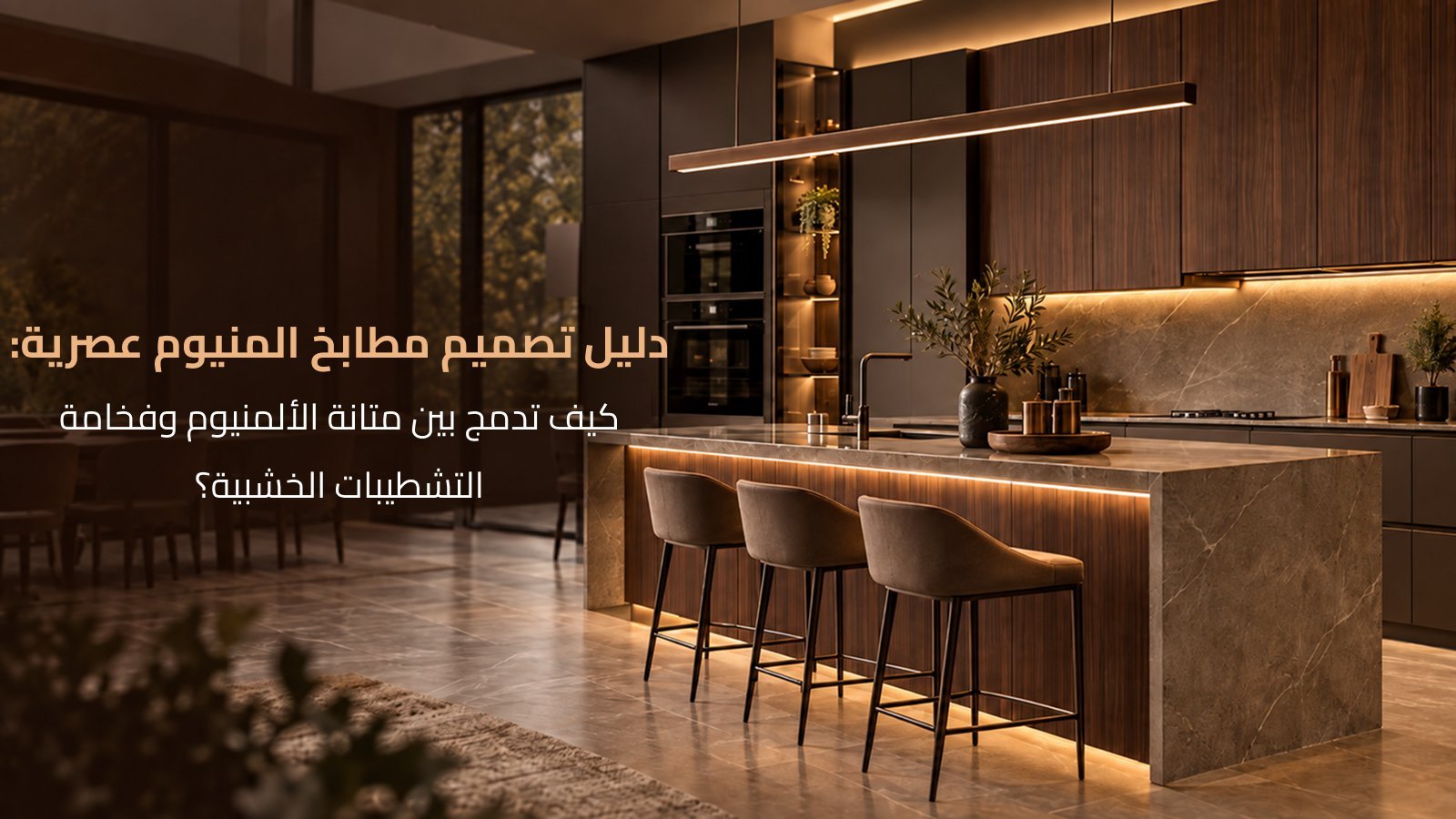 تصميم مطابخ المنيوم عصرية بدمج شاسيه الألمنيوم مع القشور الخشبية الفاخرة