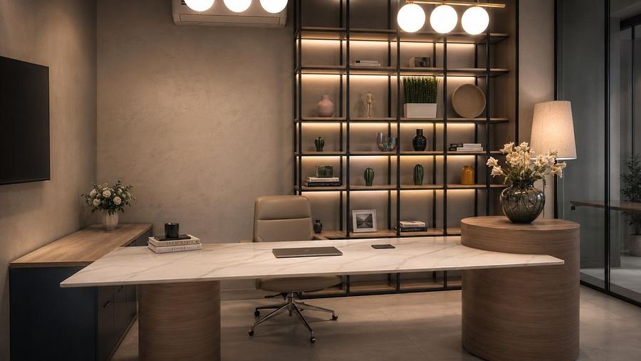 Executive office with black metal shelving and glass, fitted by Designation in Al Khobar