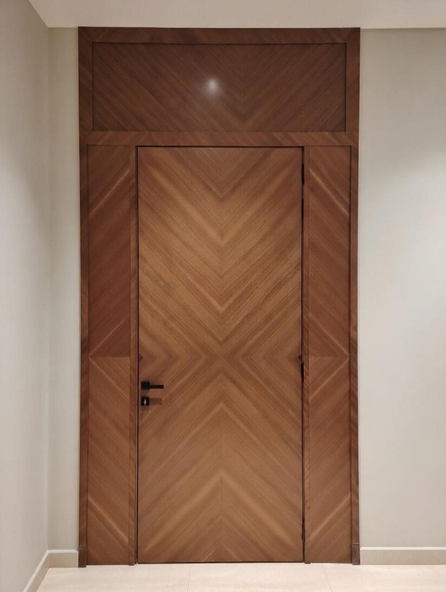 Solid walnut entrance door with chevron veneer, made and installed by Designation