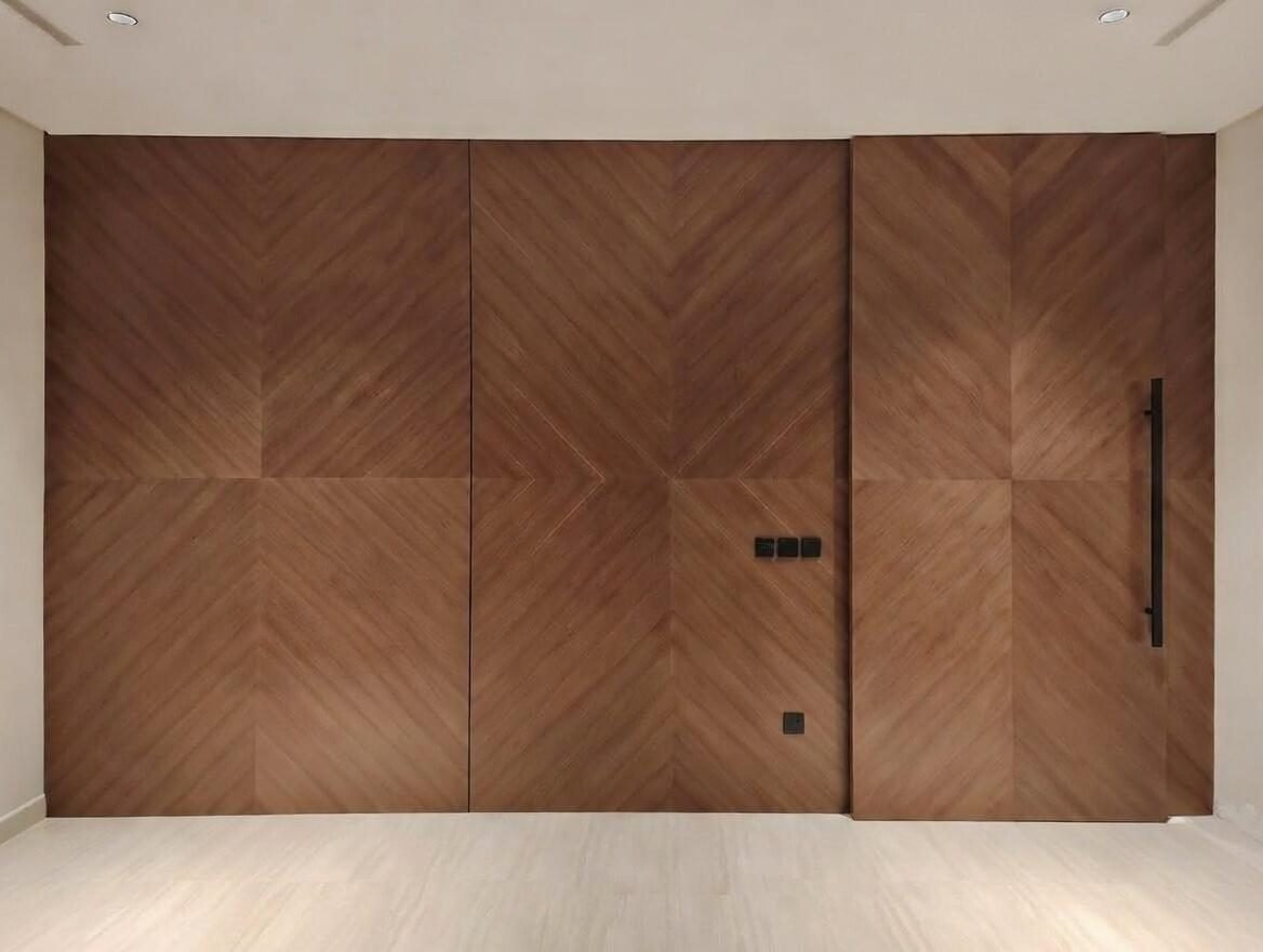 Full-height walnut wall panels with chevron veneer and a concealed door, made by Designation