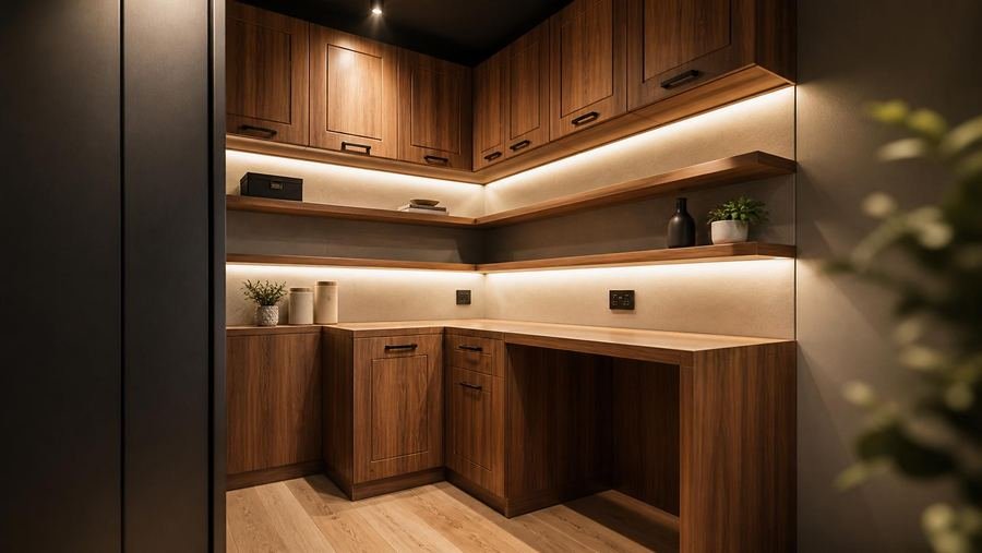 Backlit walnut kitchen cabinetry built by Designation