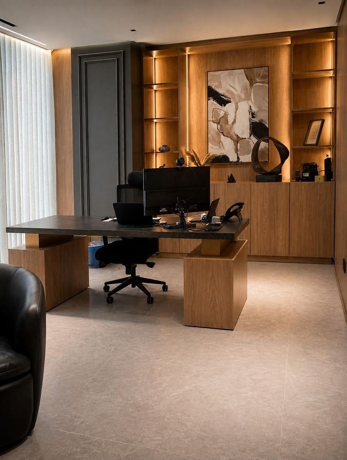Walnut executive desk and backlit display wall in a private office