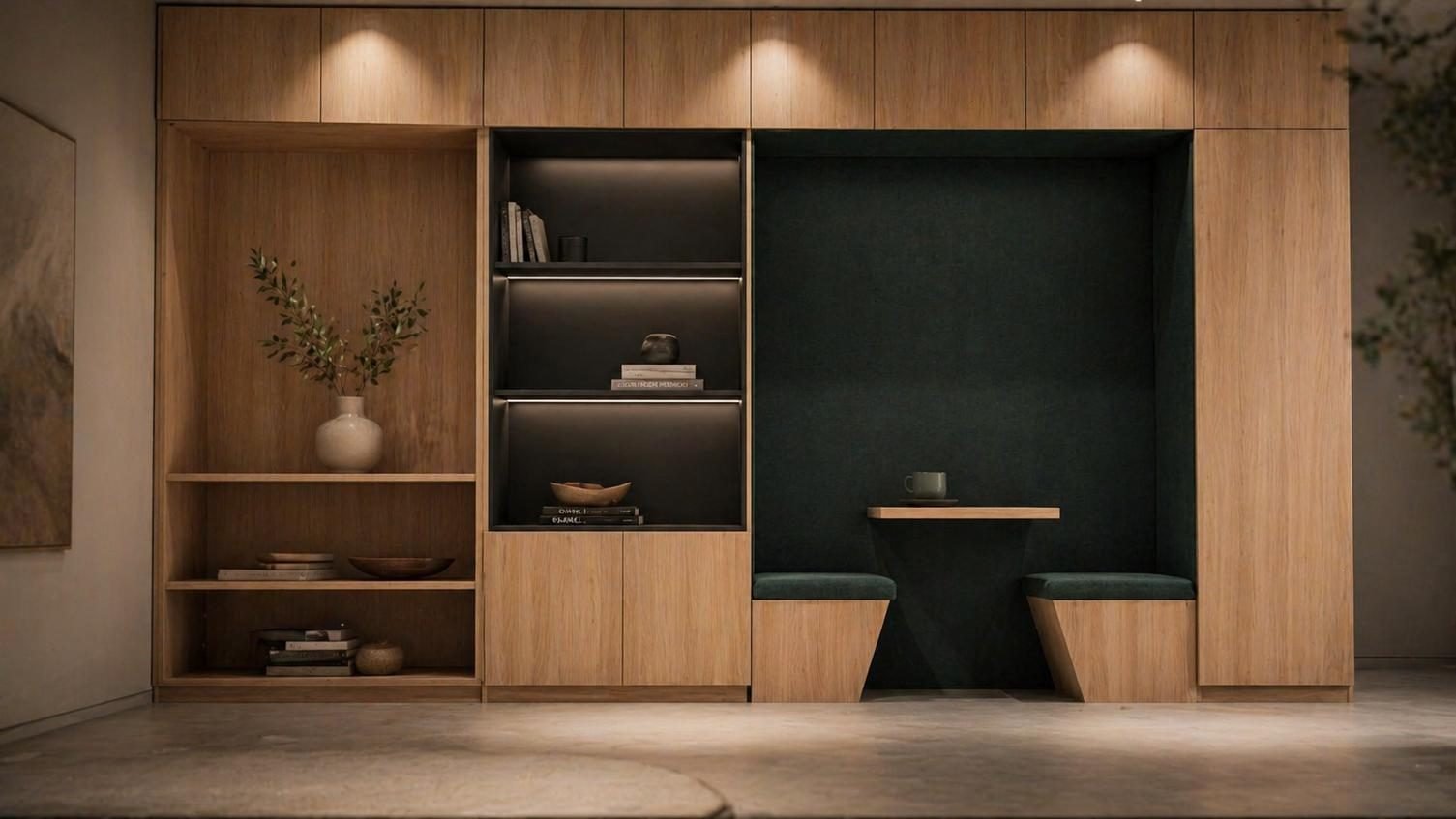 Oak wall unit with a deep green reading niche, designed and built by Designation for Folk in Al Khobar