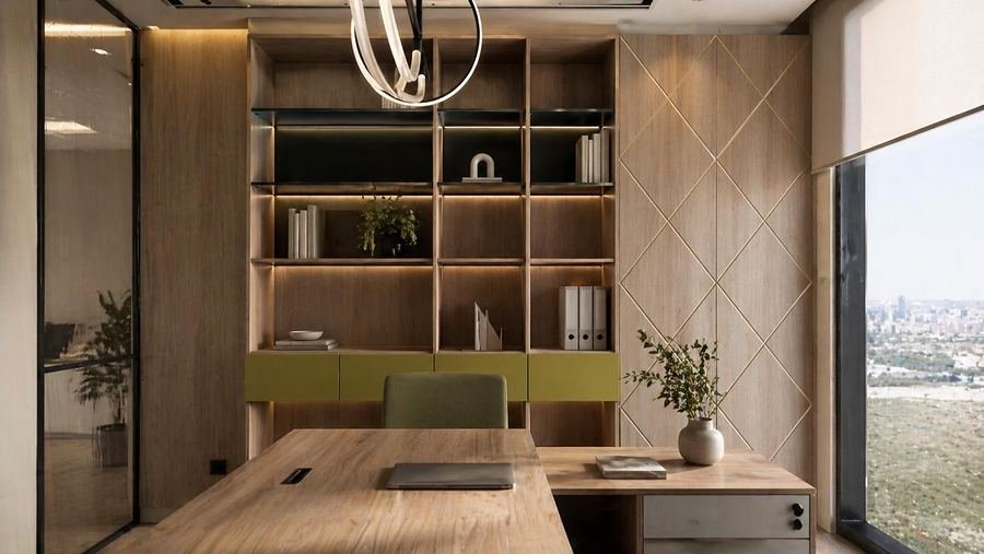 Oak-lined executive office with a panoramic window, designed by Designation