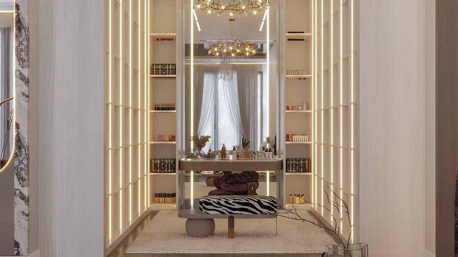 Photorealistic 3D visual of a dressing room with lit wardrobes and a vanity